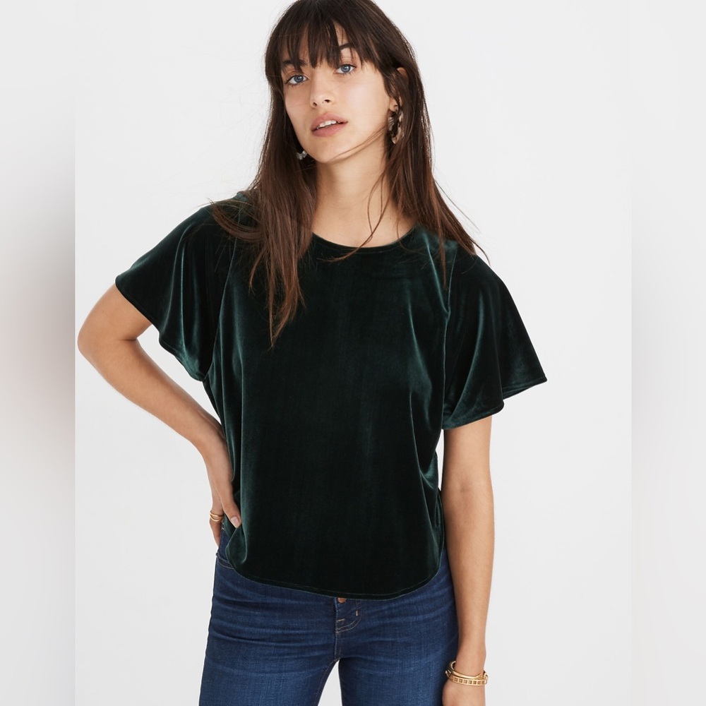 Madewell Velvet Butterfly Top Womens Size S Short Sleeve Shirt Green Stretch
